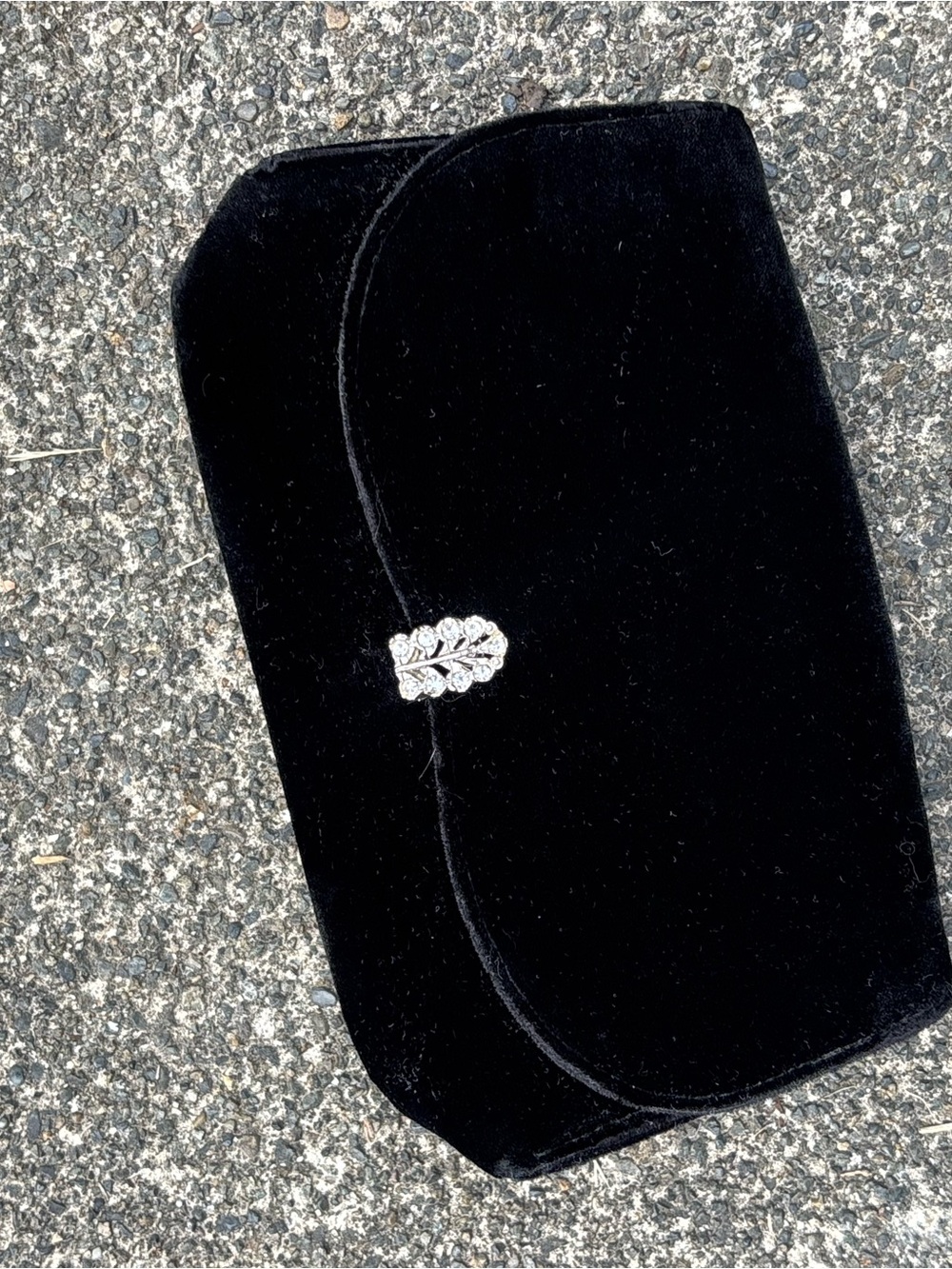 Vintage Black Velvet Evening Clutch with Rhinestone Leaf Accent
